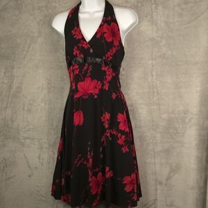 Vintage B Darlin Y2K Black Red Floral Halter Babydoll Dress Sz 5/6 Whimsigoth